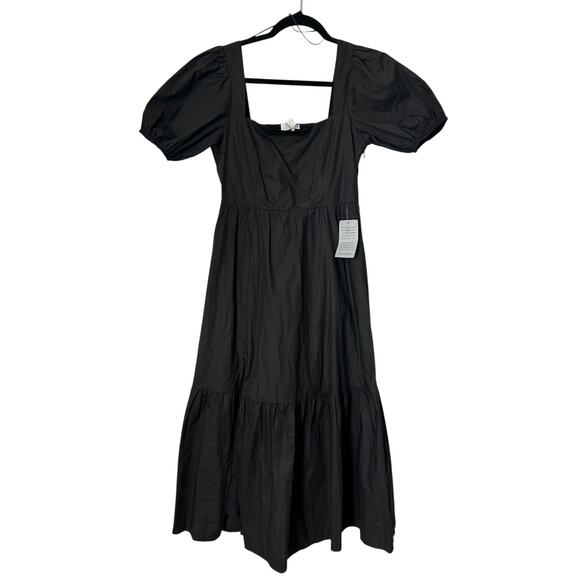 ASTR The Label Dress Womens Size Small Black Puff Sleeve Tiered Poplin Midi Boho - Picture 1 of 16